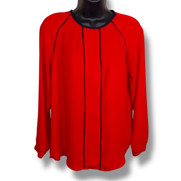 Petite Small Banana Republic Red Long Sleeve Blouse Dark Navy Blue Trim - Picture 1 of 13